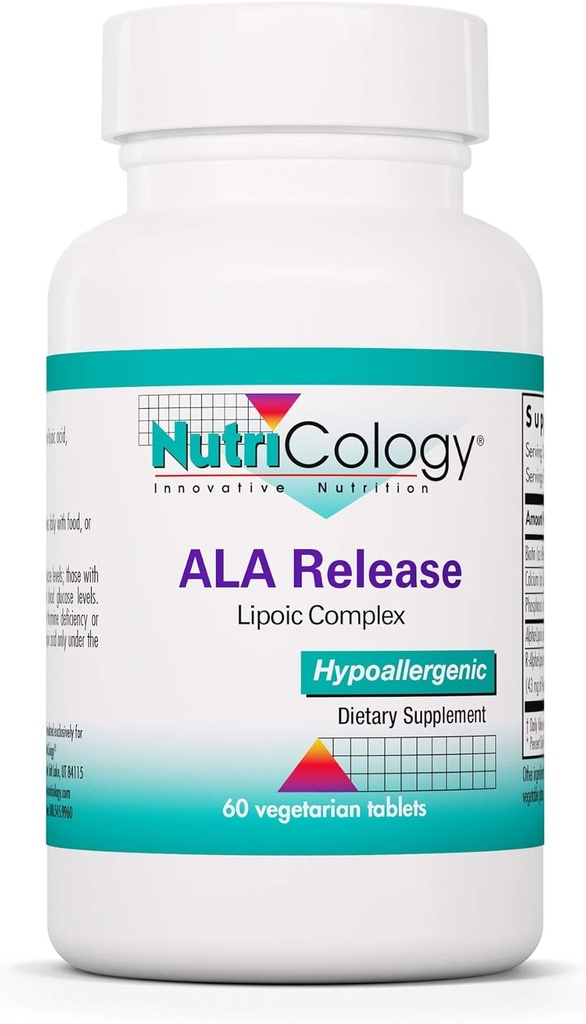 Nutricology ALA Release - Alfa-Lipoic Acid Complex, R-Alpha-Lipoic, Biotin, Calcium, Nutritional Supplement, Vegetariánske tablety - 60 Počet