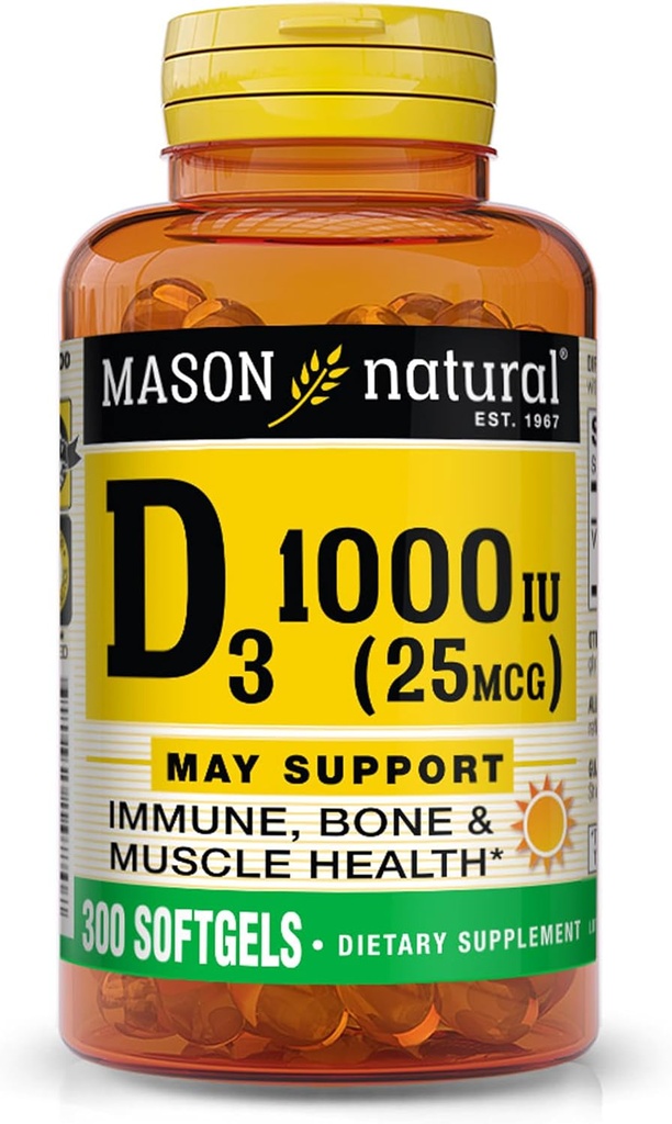 MASSON NATURAL Vitamin D3 25 mcg (1000 IU), podporuje celkové zdravie, posilňuje kosti a svaly, z rybieho oleja z pečene, 300 softgelov