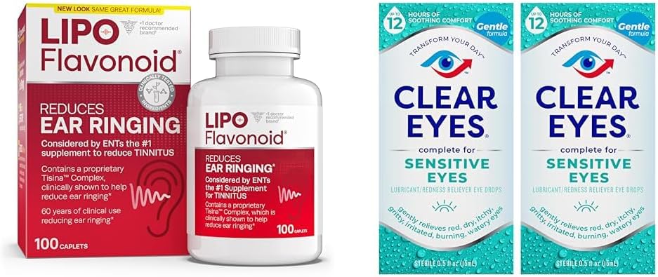 Lipo-Flavonoid Tinnitus Relief Ušné zdravie Vitamíny 100 Kaplety a čisté oči Citlivé očné kvapky 0,5 Oz 2 balenie