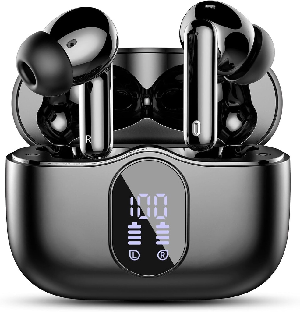 Bezdrôtové slúchadlá, Bluetooth 5.4 Slúchadlá Bass Stereo, slúchadlá so zvukom Zrušiť Mic LED displej, IP7 vodotesné v ušiach slúchadlá, 36H Playtime pre notebooky Pad telefóny športové cvičenie, čierna
