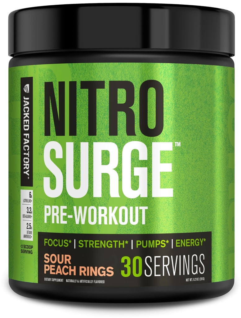 Jacked Factory NITROSURGE Pre Cvičenie Supplement - Nekonečná energia, okamžitá sila získava, jasné zameranie, intenzívne čerpadlá - NO Booster & Výkonný preworkout Energy Powder - 30 Slúži, Sour Peach Rings