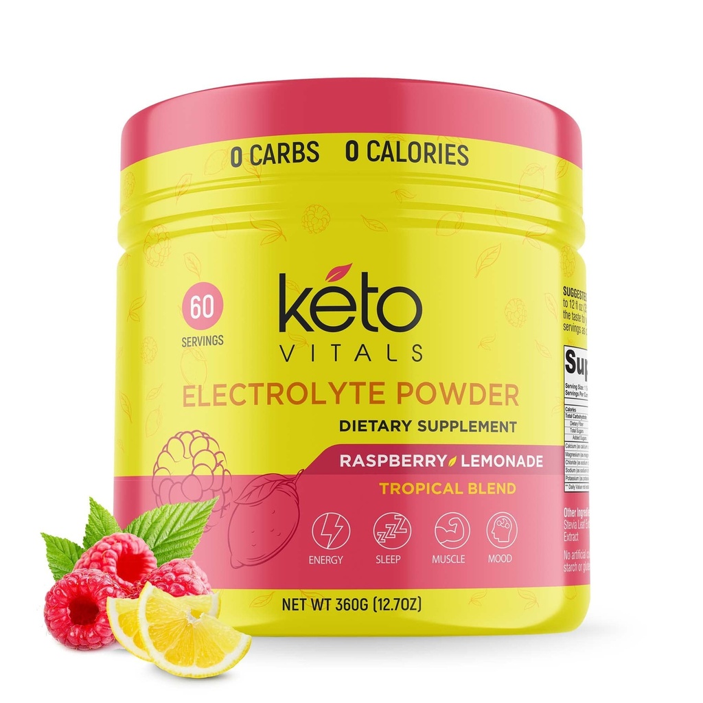 Keto Vitals Electrolytes prášok - bezcukrový Keto Electrolytes prášok s draslíkom, horčík, sodík, a vápnik - bez cukru Electrolyte nápoj Mix a hydratačný prášok, 60 Servírovanie, Malinová citróna
