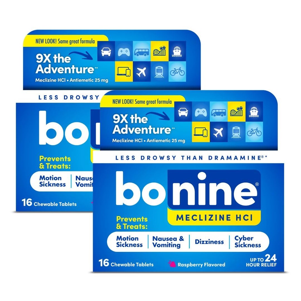 Bonine Non-Drowsy Motion Disease Relief - 32 Žuvacie tablety s Meclizine HCL 25mg - Non Drowsy Medicine for Nausea or Motion Choose - Cruise Essentials - Malinová chuť