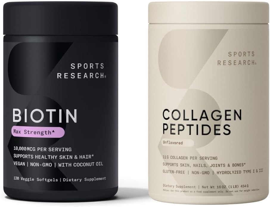 Sports Research Collagen Peptides for Women & Men Hydrolyzed Type 1 & 3 Protein Supplement Easy Mixing Vital Nutrients Proteins and Vegan Biotin 10,000mcg Max Strength B7 120 Softgels (4 Month Supply)