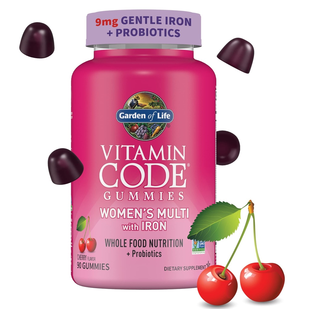 Záhrada života Vitamínový kód Ženy Multivitamín Gummy so železom: Folát, Biotín, D3 & B12 pre vlasy, koža a nechty + Probiotiká pre imunitné zdravie a zažívanie, non-GMO, Gluten-free, 90 Cherry Gummies