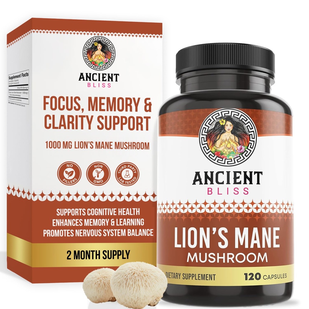 Staroveká Bliss Lion Mane Supplement (2 mesiace dodávky) - 120 Vegan Huba Kapsule- Máj podporuje duševnú jasnosť, energia a môže sústrediť- pamäť a imunitná podpora Huba Supplement