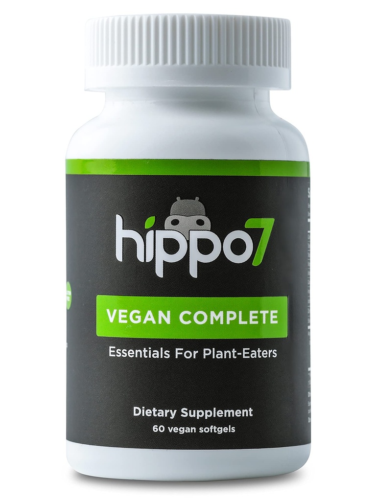 Hippo7 Vegán Kompletný multivitamín vitamín B12, vitamín D, Omega-3 DHA+EPA, vápnik, jód, zinok a železo (1 fľaša, 60 softgelov)