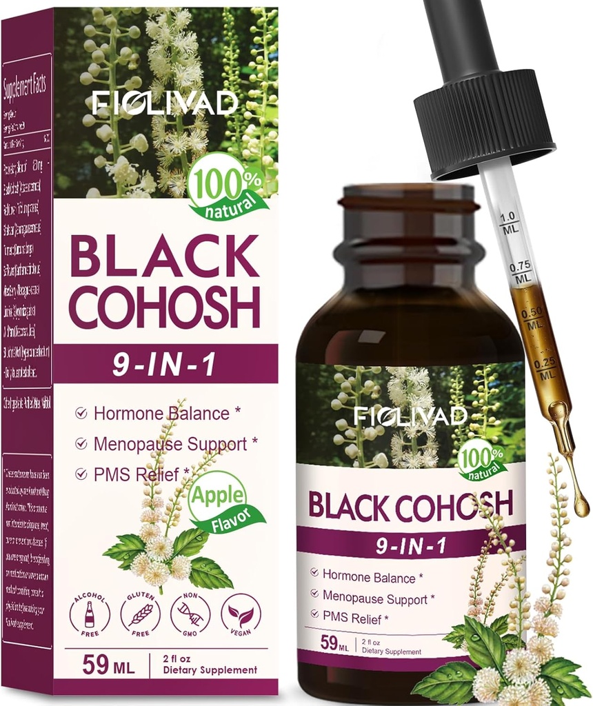 Black Cohosh kvapky, bylinný extrakt Blend pre Hormone Balance, Menopauza Podpora a PMS Relief. 2oz-(Apple Flavor)