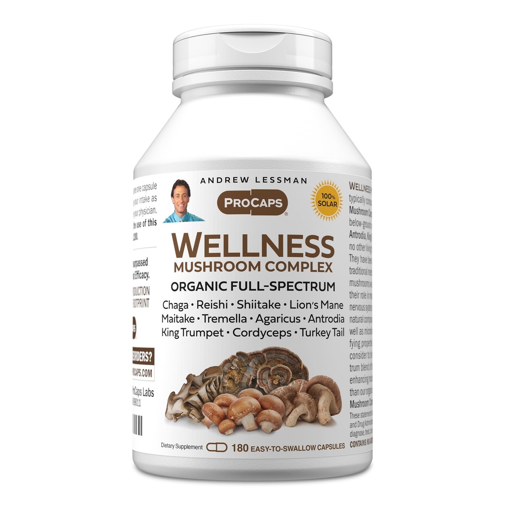 ANDREW LESSMAN Wellness Mushrom Complex 180 kapsúl - Organické plné spektrum zmes 11 húb - podporuje celkové zdravie a vitalita - žiadne prísady. Supplement Mushroom Complex