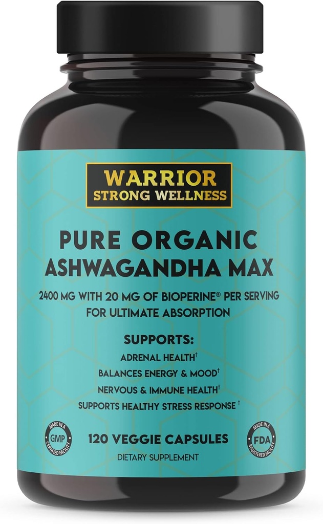 Pure Organic Ashwagandha Kapsule s Bioperine - 2400 mg - 120 Kapsule - Zdravá stresová odpoveď a nálada Boost, Imunitné zdravie, lepší spánok