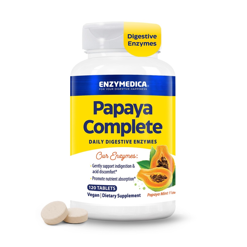 Enzymediálne papáje Enzymes Chewable, Digestive Enzymes for Women and Men, with Organic Papaya Juice and Chlorofyl, High Potency Bromelain & Papain, Vegan, Mint Flavor, 120 Tablets