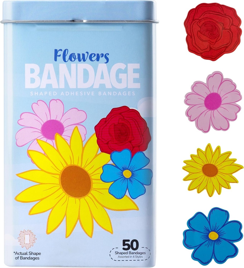 BioSwiss Detské bandáže, Kvety tvarované vlastné adhezívne Bandage Set, bez latexu, Sterilná starostlivosť o rany, 50 Počet