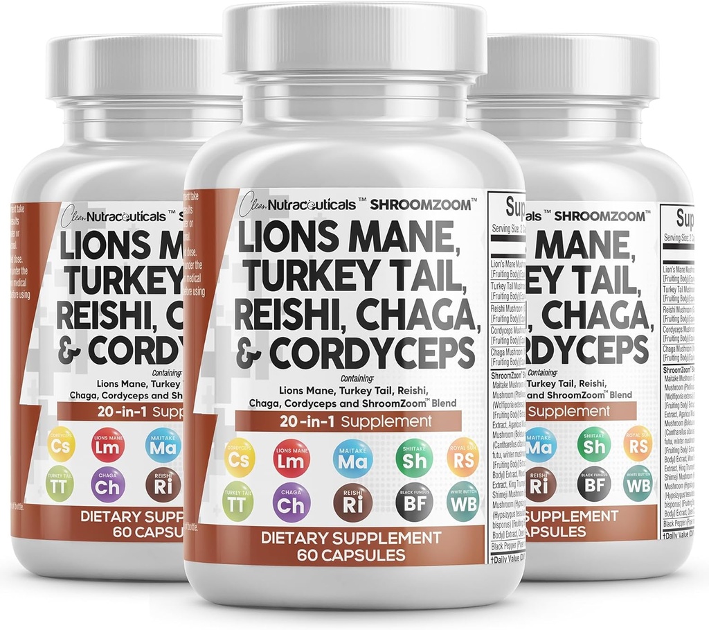 Clean Nutraceuticals Lions Mane 20in1 Huba Supplement with Turkey Tail Reishi Cordyceps Chaga Maitake Meshima Poria Cocos Shiitake Oyster Porcini Enoki - 3Pack