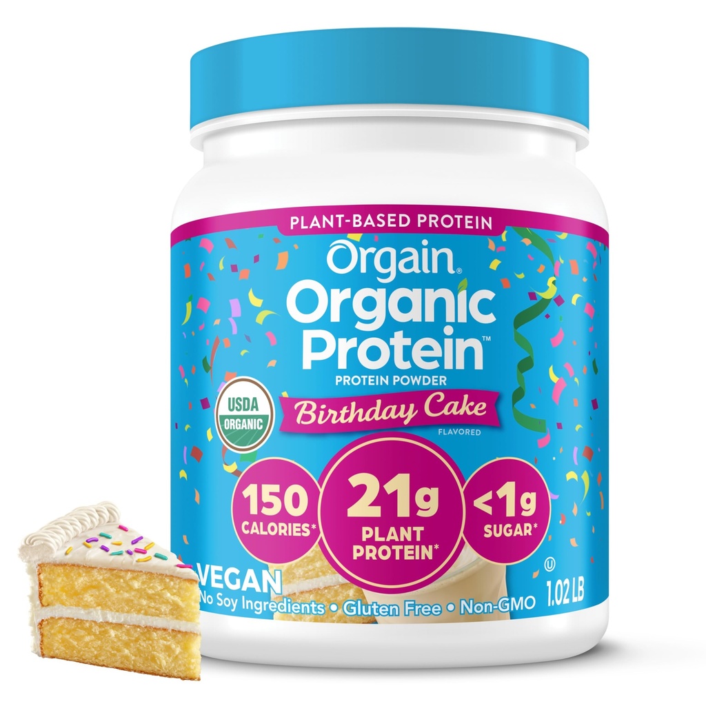 Orgain Organic Vegan Protein Powder, Birthday Cake - 21g Plant Based Protein, 7g Prebiotic Fiber, Nízka čistá Carb, Žiadne zložky laktózy, Žiadny pridaný cukor, Non-GMO, pre Shakes & Smoothies, 1.02 lb