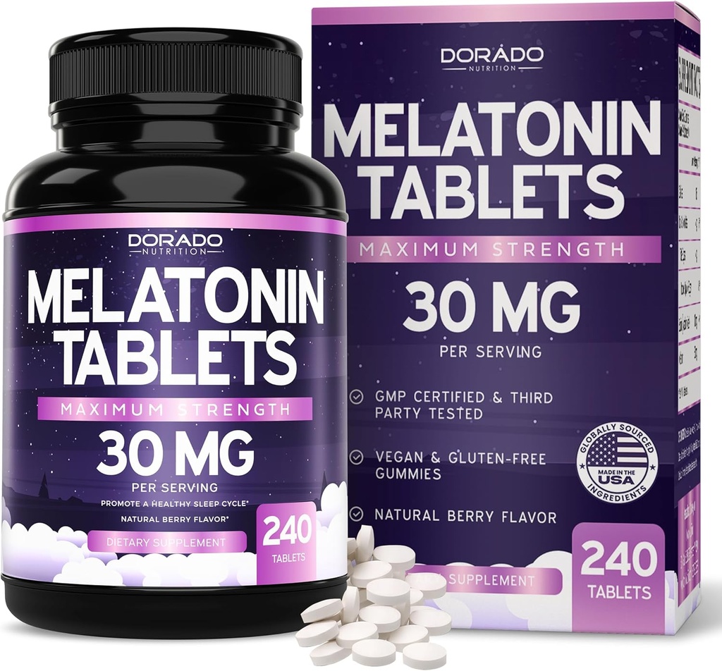 Melatonín 30 mg tablety pre dospelých (240 tabliet) - rýchle rozpustenie tablety s 30 mg melatonínu na tabletu - bez lepidla, Non-GMO, 100% Vegetariánska, & Great Degustation - Mixed Berry Flavor - Made in USA