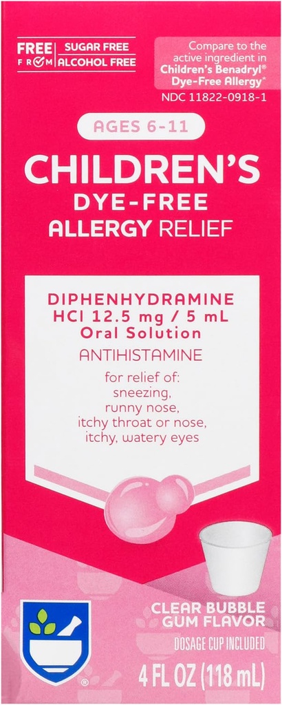 Rite Aid Detská alergia Relief, Difenhydramine HCI, Bubble Gum Flavor, 12,5 mg - 4 oz 
