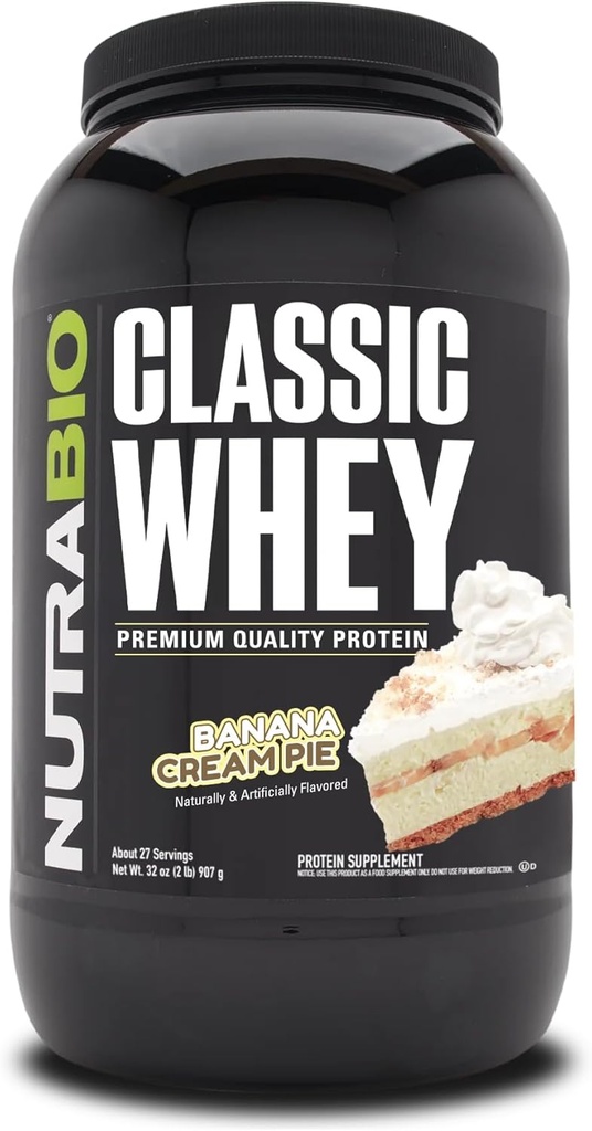 NutraBio Classic Srvátkový proteín prášok- 25G Protein per Scoop - Full-Spectrum Amino Acid Profile - žiadne výplne, umelé farby, konzervačné látky - (banánový krém Pie, 2 libry)
