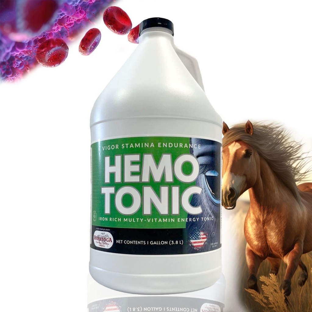 Hemotonický - železo bohaté Multi-vitamín energie Tonic Power Balený Blood Builder & Energy Revitalizer pre kone Saratoga veterinárny výrobok (1 Gallon)