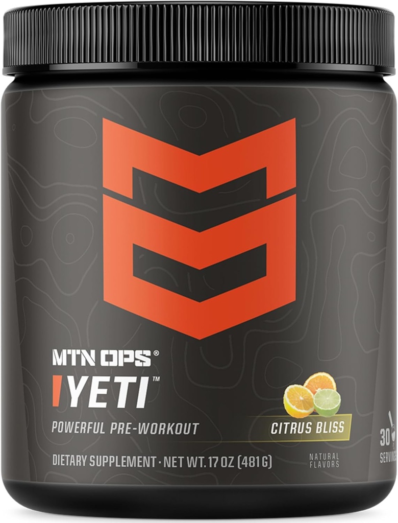 MTN OPS Yeti Powder Energy Drink pred zamestnaním s kreatínom, 200 mg kofeínu a BCAA s Beta Altanine, 30-Serving Tub, Citrus Bliss