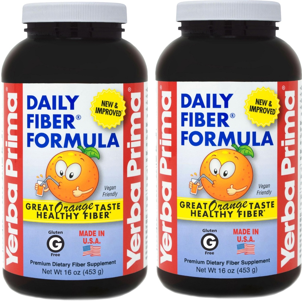 Yerba Prima Daily Fiber Formula 16 oz (Pack of 2) - Premium Dietary Fiber Supplement, Non-GMO, Gluten Free, Vyrobené v USA, Orange Flavor
