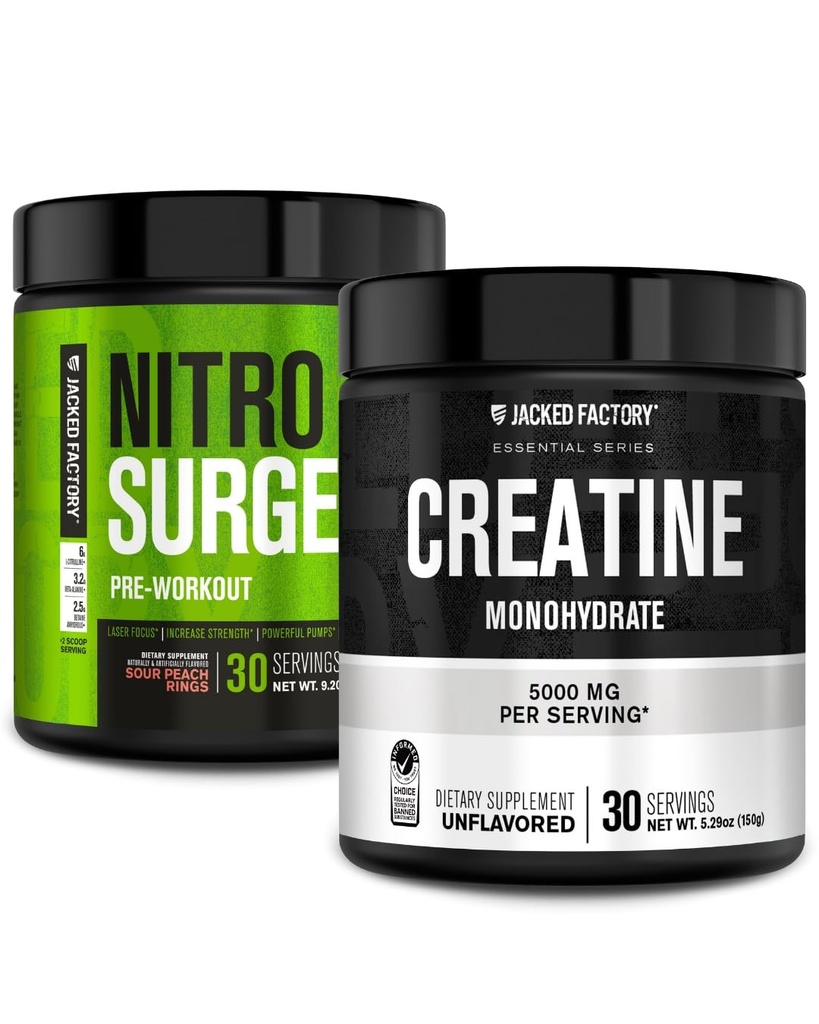 Jacked Factory NITROSURGE Pre Cvičenie Supplement - Instant Strength Zisky a intenzívne čerpadlá (30 Slúži, Kyslé broskyňové prsteňy) & Kreatín Monohydrát pre rast svalov (30 Slúži, Nechutné)