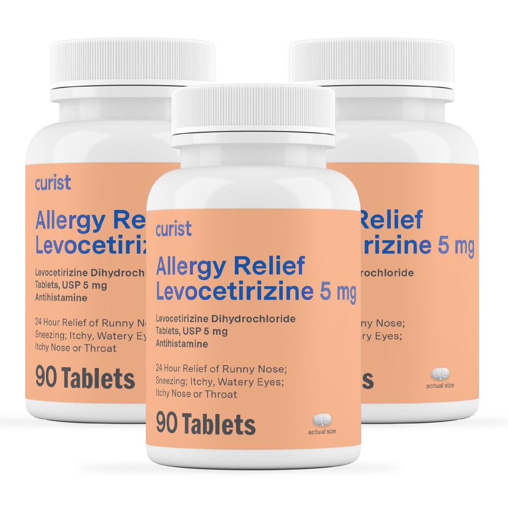 Curist Generic Levocetirizín Dihydrochlorid 5 mg Bulk (270 tabliet), Alergické pilulky, 24 hodinová úľava od alergie - Alergická medicína (3 balenia po 90 tabliet)