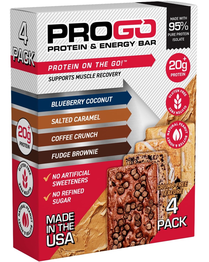 ProGo proteínové tyčinky, nízky cukor, vysoké proteínové nánosy (až 21 g) - 95% čistý izolát pre rýchlejší rast a obnovu svalov, nízko kalórií, sladené w/peanut maslo a surový med (4-Count, starter Pack)