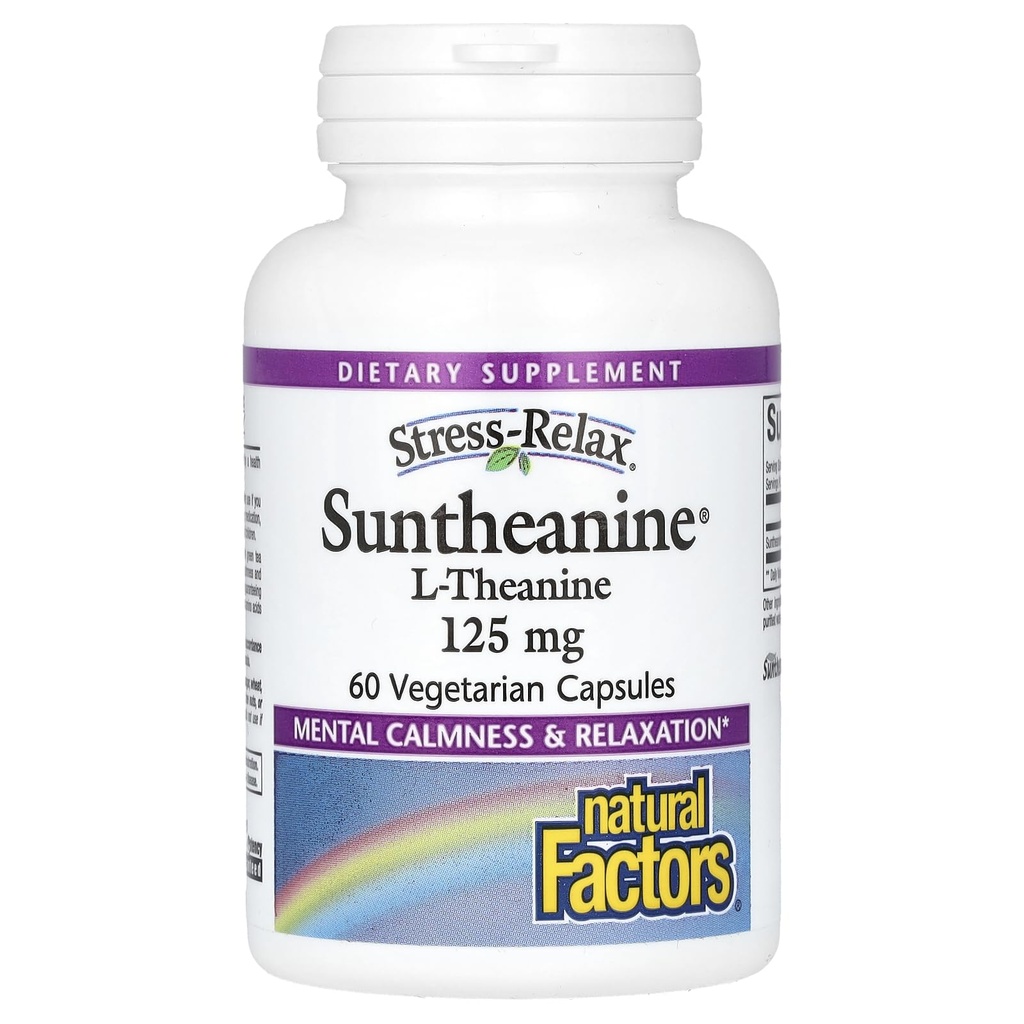 Prírodné faktory Stres-Relax Suntheanine L-Theanine 125 mg, Nedrowsy Stress Podpora pre duševný pokoj a relaxáciu, 60 Kapsule