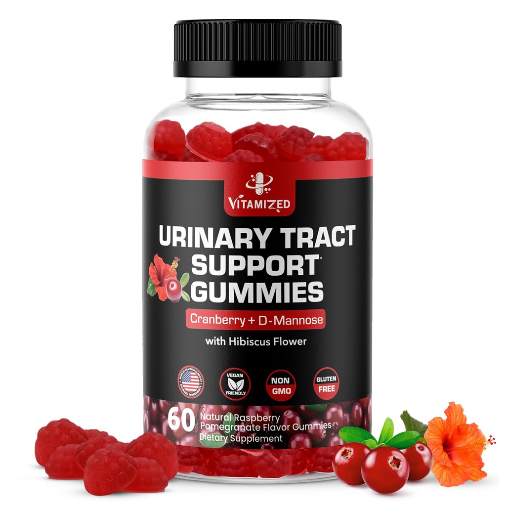 Silné Cranberry Gummies 1500mg s D Mannose - močové tract zdravie pre ženy a mužov, močové sčervenanie a močový mechúr Rýchle aktívne podporné doplnky s Hibiscus prášok, 60 Počet