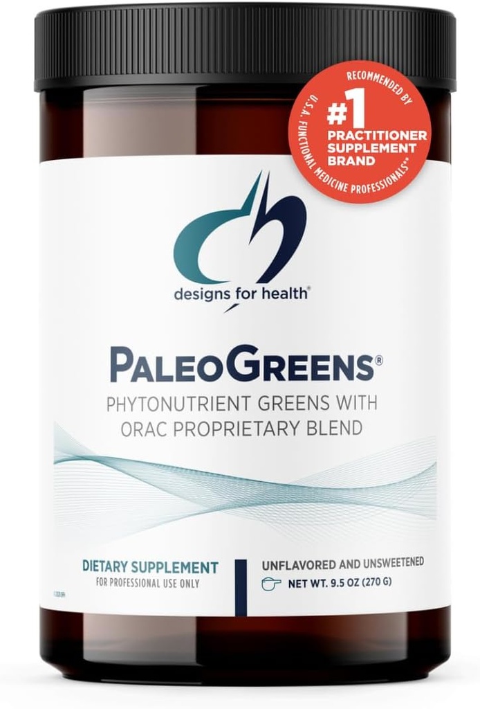 Designs for Health PaleoGreens - Viac ako 90% organické Super zelené Shake prášok so zeleninou, bobuľové plody, enzýmy + antioxidanty - Non-GMO nápoj Mix, unflaved + Nesladené (30 Servíry / 270g)