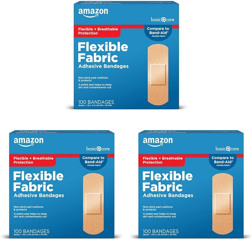 Amazon Basic Care Flexible Fabric Lepidlá, Prvá pomoc a starostlivosť o rany dodávky, All-One Veľkosť, 100 Počet (Stock of 3)