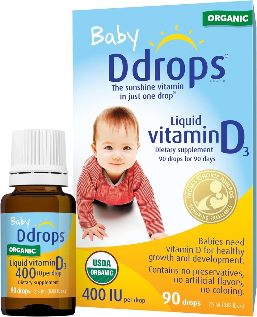Drops Organic Baby 400 IU 90 kvapky - Denné vitamín D Tekutina pre dojčatá. Podporuje zdravie zubov a kostí. Žiadne konzervačné látky, žiadny cukor, bez GMO, alergie - balenie po 2