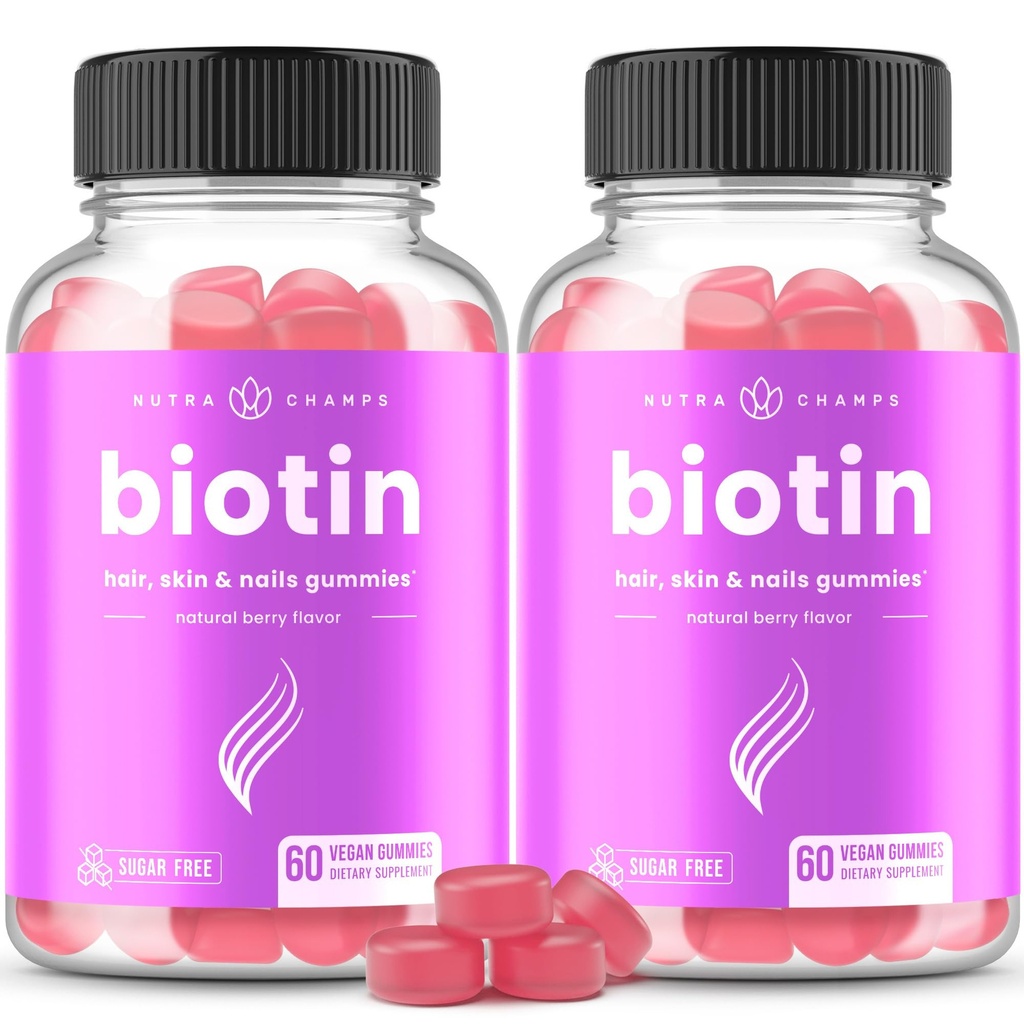 NutraChamps Sugar Free Biotin Gummies 10000mcg [Vysoká potencia] - Zdravé vlasy, koža a nechty pre ženy, Muži a deti - 5000mcg v každej Gummy - Vegan Hair Health Vitamíny Supplement - Malina (2-Pack)