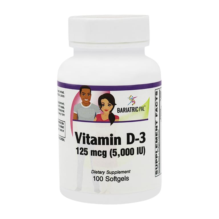 BariatricPal Vitamín D-3 125mcg (5000 IU) - Ľahké prehltnutie Vegetariánske mäkké kapsuly (100 ml fľaša)