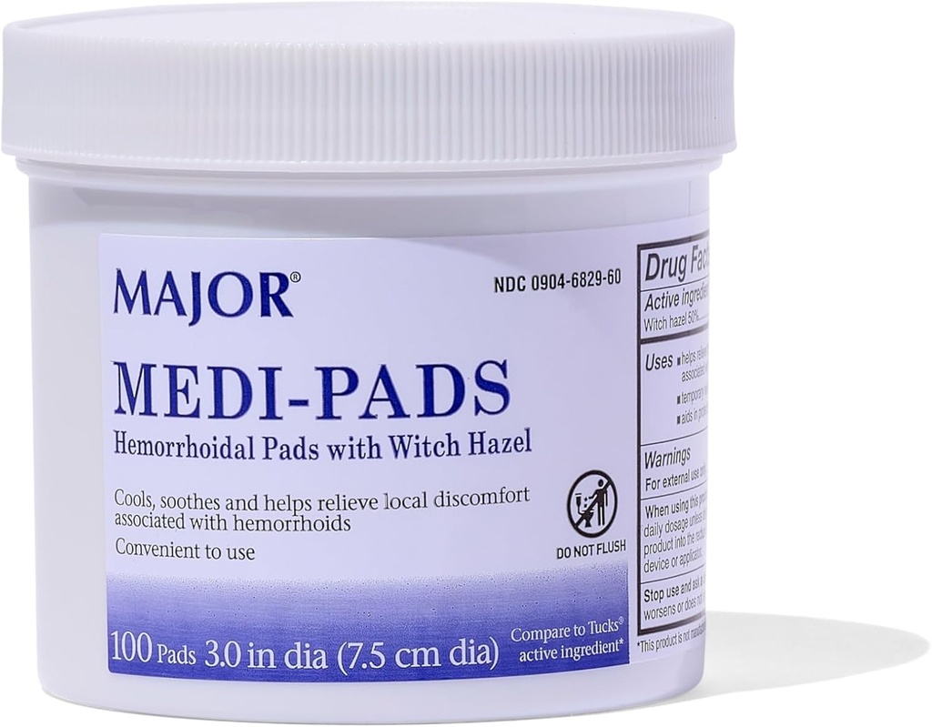 MAJOR Medi-Pads - Hemorhoidal Hygienické čistenie Čarodejnice Hazel Pads - Chladenie Relief s Aloe - 100 Gróf Jar (1 balenie)