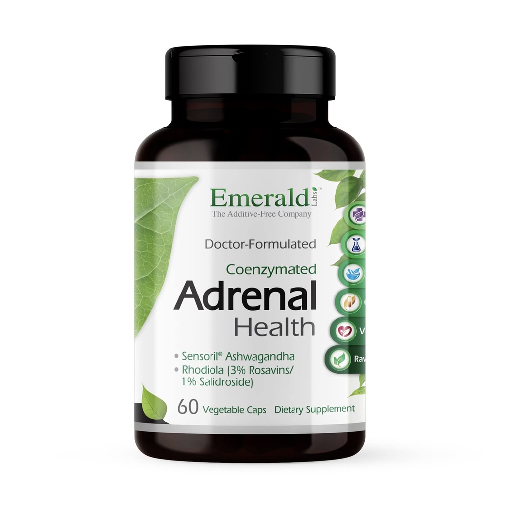 EMERALD LABS Adrenal Health - úľava od stresu, podpora energie a reštauračný spánok so senzorilom Ashwagandha, B vitamíny, Rhodiola & More* - bezlepkové - 60 Rastlinné kapsule (30-Deň dodávky)