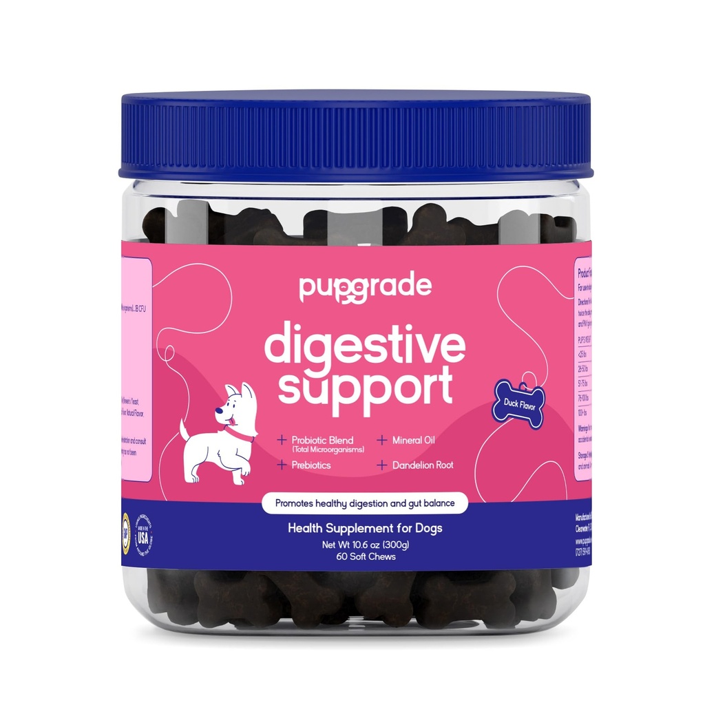 PupGrade Tráviaca podpora Žuvačky pre psy - Prebiotické a probiotické doplnok s Enzyme Blend - Upset Žalúdok, hnačka, Bowel, a imunitná podpora - Tekvica, čučoriedka, minerálny olej - 60 mäkké žuvačky