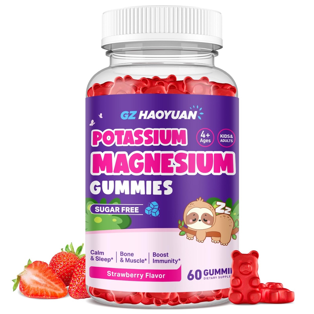 Magnézium Gumičky pre deti - Magnézium Glycinate Gummy s vitamínom D3, B6, draslík a ashwagandha, horčík pre deti a dospelých Relaxácia, spánok, mozog a kosti zdravie -Vegan Strawberry 60ct