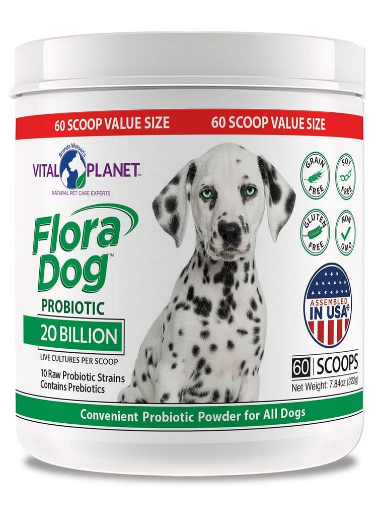 Vital Planet - Flora pes probiotický prášok doplnok s 20 miliárd kultúr a 10 kmeňov, vysoká potencie imunitné a trávne podpora probiotiká pre psy, 7.84 oz., 222 Grams, 60 Servings