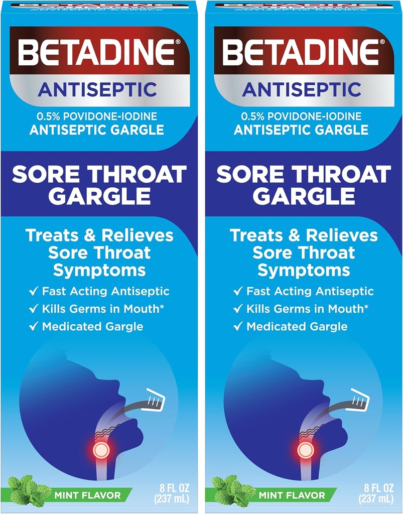 Betadine Sore Throat Relief Gargle, Mint Flavor, Fast Acting Antiseptic, Povidón-Iodine 0,5%, 8 oz (Stock of 2)