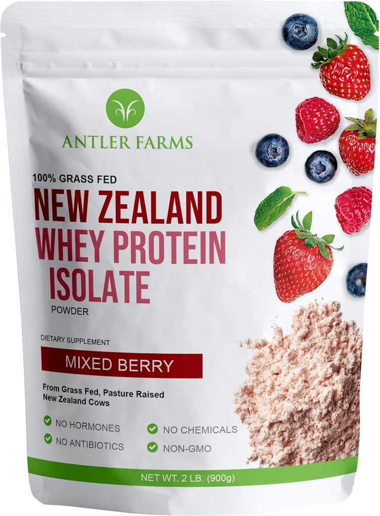 Antler Farmy - 100% tráva Fed New Zealand Wheey Protein Isolate, Mixed Berry Flavor, 30 Servings, 2 lbs - Delicious, spracované za studena, rýchlo Absorbed, Keto Friendly, NO-Hormones, NO-GMOs