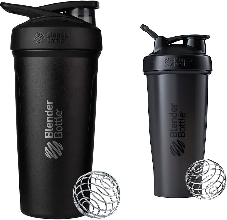 BlenderBottle Strada Shaker Cup Izolované nerezové fľaše s vodou Whisk, 24-Ounce, čierna a klasická fľaša Shaker Ideálne pre proteín Shakes a pre cvičenie, 28-Ounce, čierna