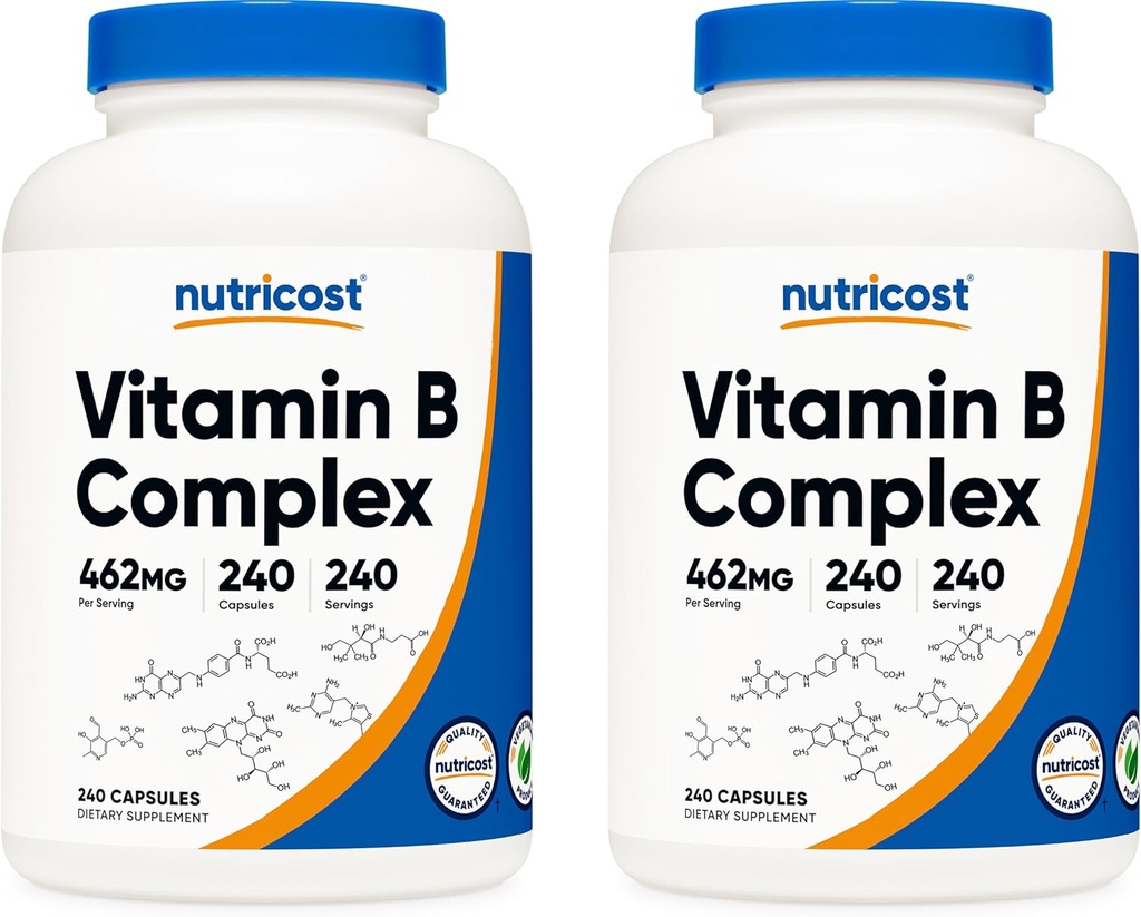 Nutricost Vitamín B komplex s vysokou potenciou 462 mg, 240 kapsúl (2 fľaše) - s vitamínom C