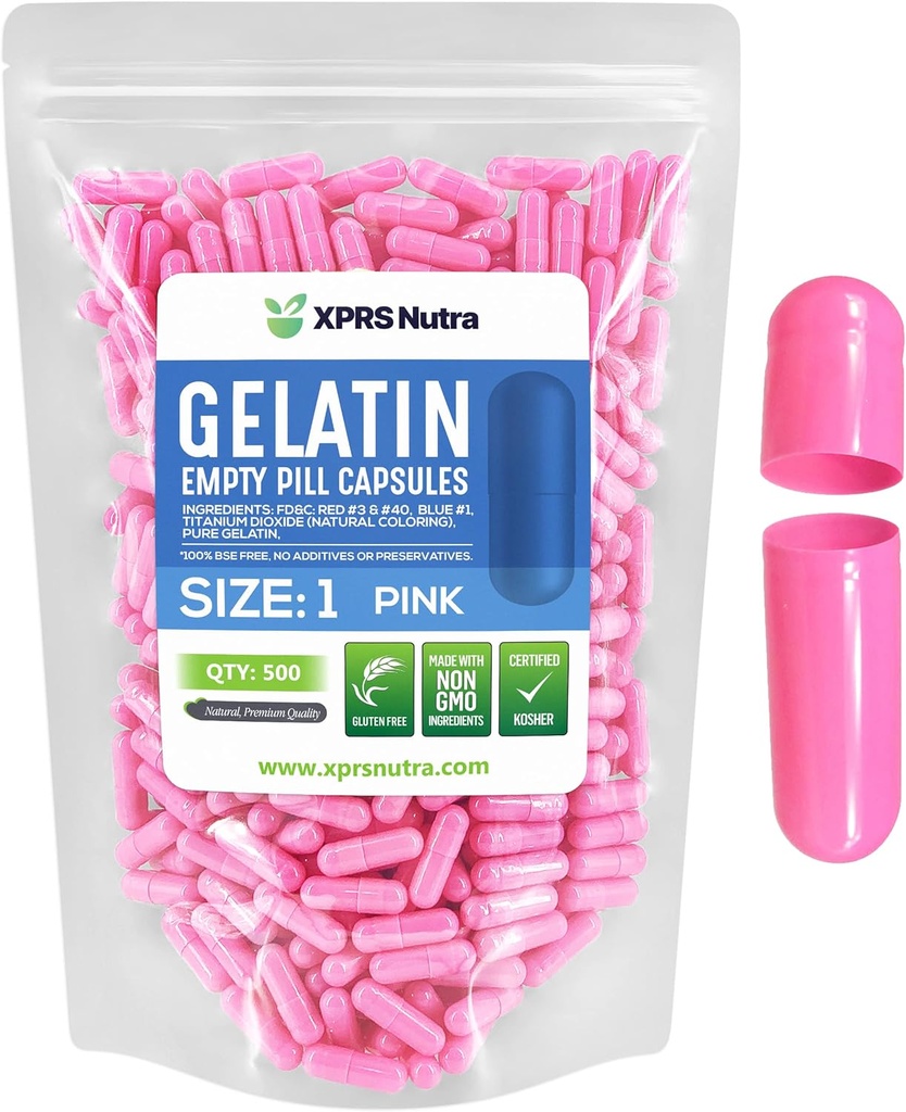 XPRS Nutra Veľkosť 1 Prázdne Kapsule - 500 Počet prázdnych želatíny Kapsule - Pill DIY Kapsule Plnenie - Pure Bovine Pill Gel Caps pre Do-It-Tvoje vlastné doplnky (Pink)