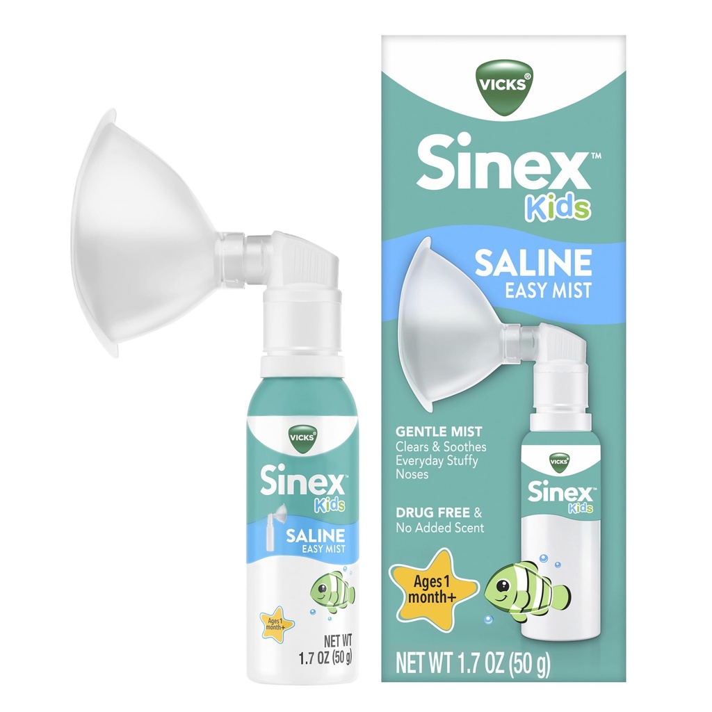 Vicks Sinex Kids Saline Easy Mist, Drug Free Saline, Vek 1 mesiac+, Jemne čistí a upokojuje každý deň plnené nosy, bezpečné pre každodenné použitie, 1.7 OZ