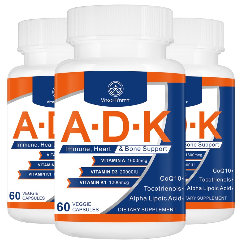 ADK vitamínové doplnky 20000 IU - Vitamíny A, D3 a K1 s vysokou potenciou pre Srdce, zdravie kostí a imunitnú podporu Vitamín ADK 180 kapsuly