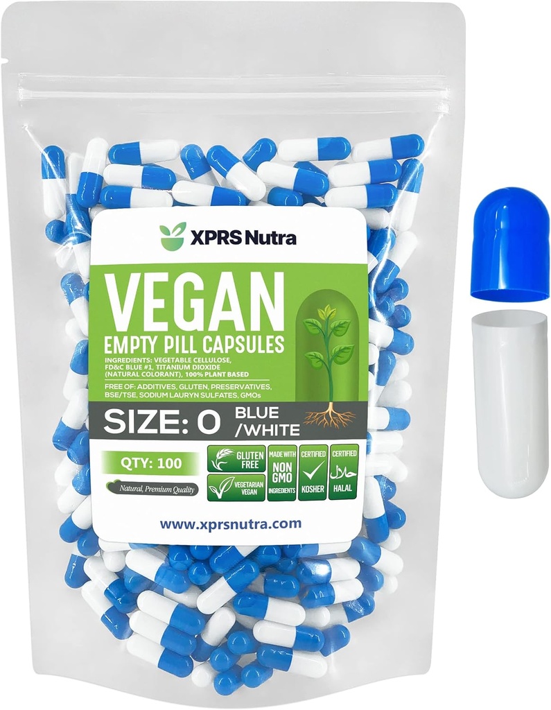 XPRS Nutra Veľkosť 0 Prázdne Kapsule - 100 Počet prázdnych vegánskych kapsúl - Vegetariánske tabletky - DIY Rastlinné kapsule Plnenie - Vegetariánske pilulky pre Do-It-Yourself Supplements (Blue/White)