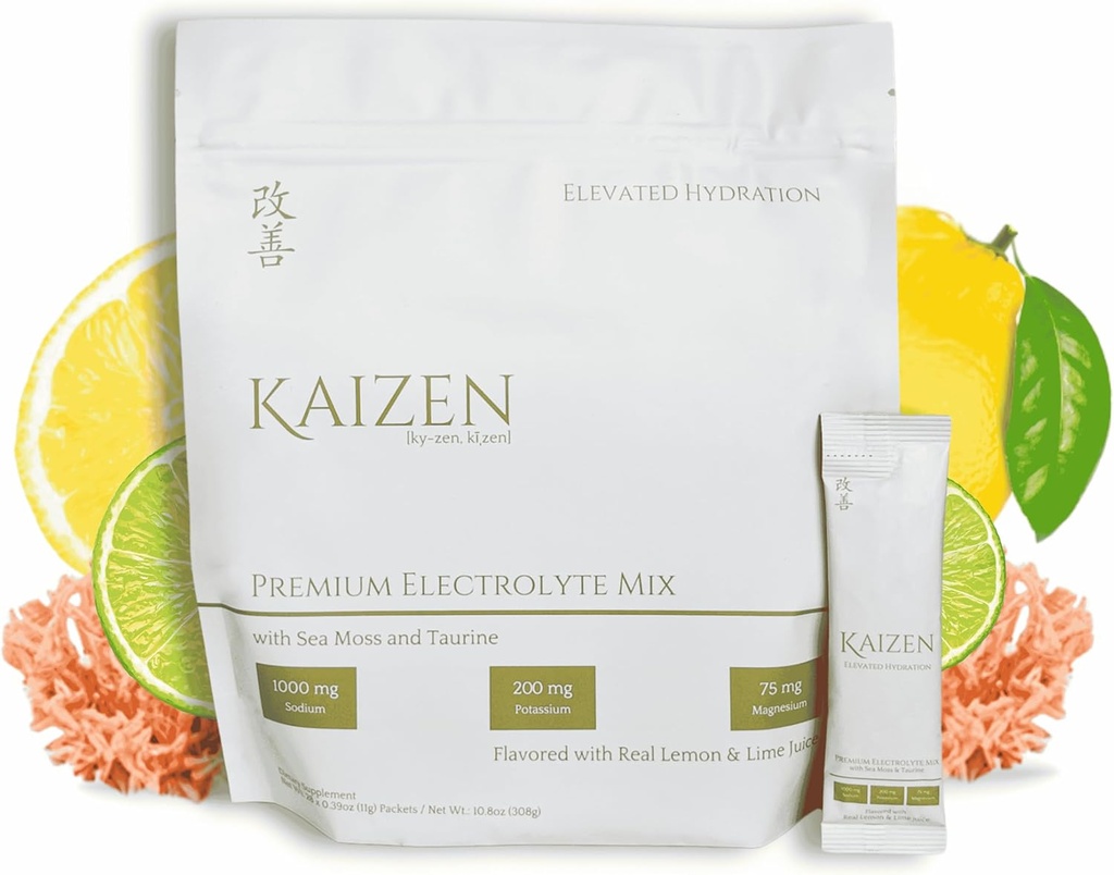 Kaizen Hydratácia - Premium Celotelový hydratačný nápoj - Energia, Zameranie, Wellness - Organické Electrolyte Mix s írskym morom Moss, Taurine, Monkfruit extrakt - osviežujúci citrónový limetkový aróma - 8.88 oz