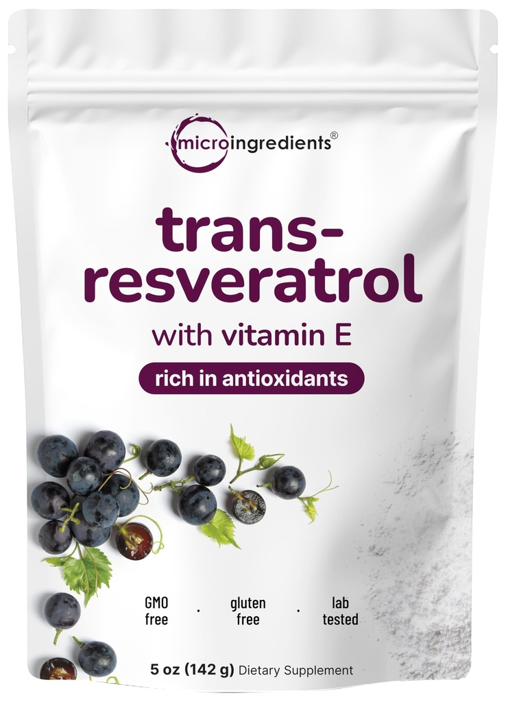 Pure Trans-Resveratrol prášok s vitamínom E, 5 Ounce, 2 in 1 Formula, Mikronizovaný prášok pre lepšiu absorpciu, Premium Resveratrol Supplement, Super Antioxidant