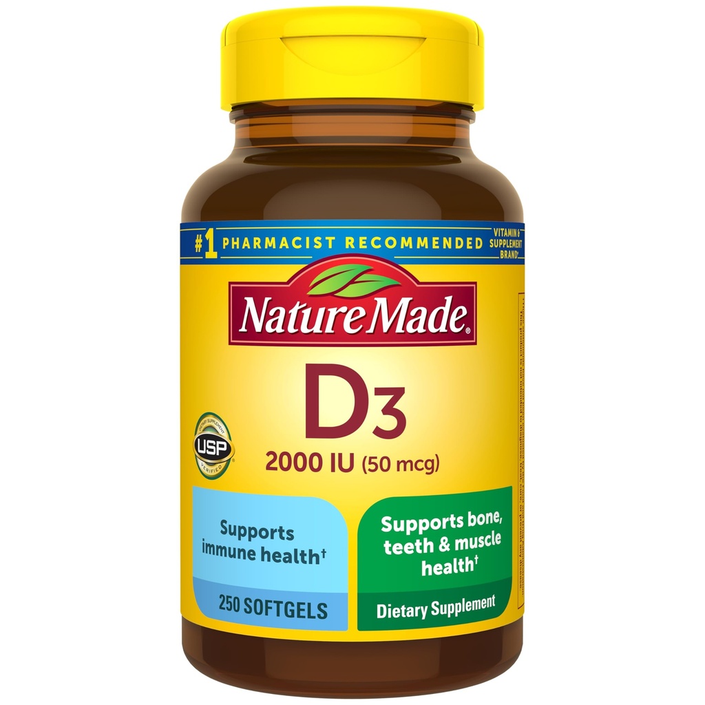 Prírodný vitamín D3 2000 IU (50 μg), diétny doplnok pre kosti, zuby, svaly a imunitné zdravie podpora, 250 Softgels, 250 dní